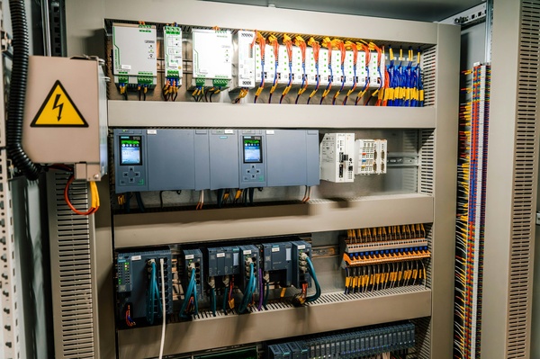 Armario de control industrial con módulos electrónicos y cableado ordenado